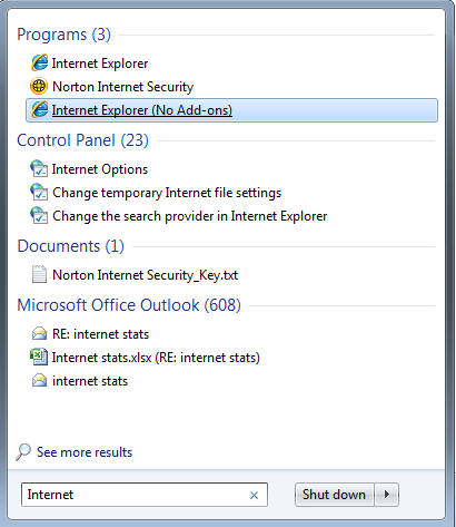 Internet Explorer (No Add-ons) search in Windows 7 screenshot